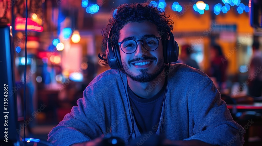 Obraz premium Smiling Gamer in Neon-Lit Cyber Cafe