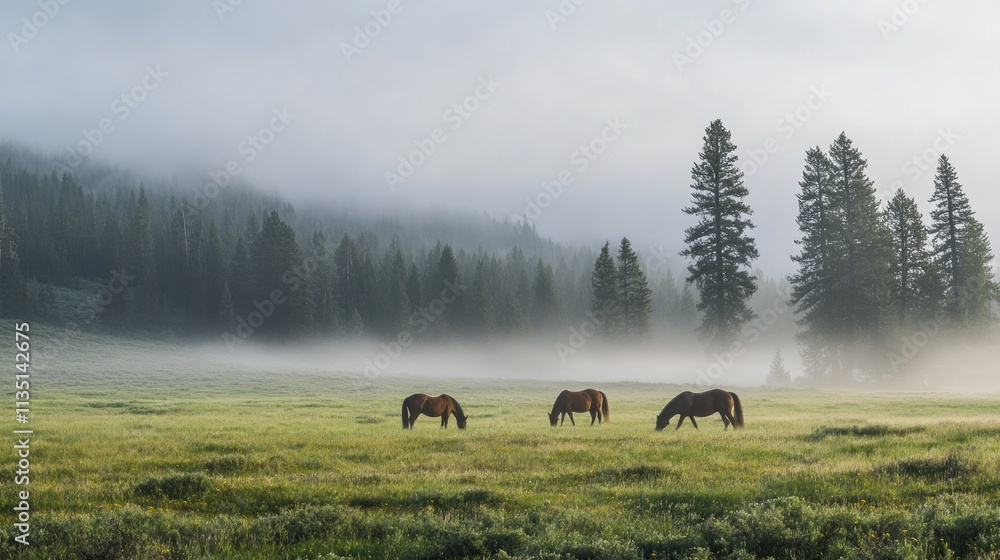 Misty landscape with grazing horses and tall trees in a tranquil setting. Misty landscape with grazing horses and tall trees in a tranquil setting.