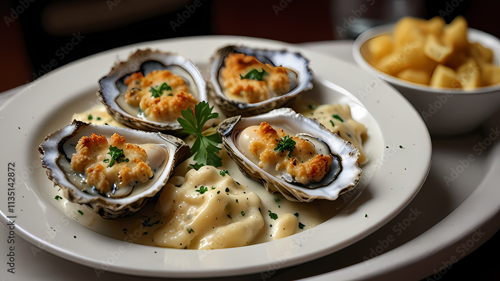 close-up image of a plate of Oyster Mornay close-up image of a plate of Oyster Mornay