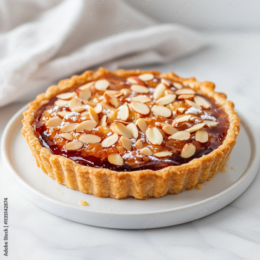 Freshly baked almond tart with golden crust, glazed jam filling, and slivered almond topping served on white plate Freshly baked almond tart with golden crust, glazed jam filling, and slivered almond topping served on white plate