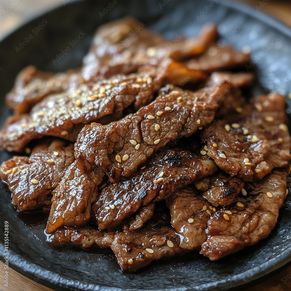 Juicy grilled korean barbecue beef slices with sesame seeds served on dark ceramic plate for traditional dinner Juicy grilled korean barbecue beef slices with sesame seeds served on dark ceramic plate for traditional dinner
