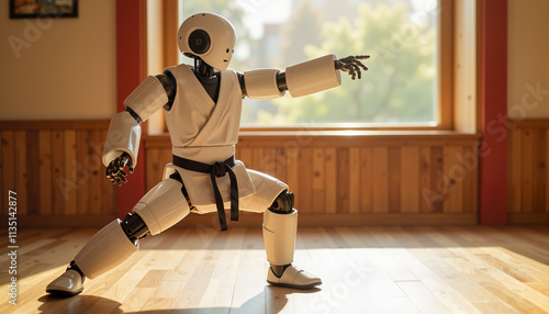 Robotic martial artist demonstrates precision movements in a bright dojo setting