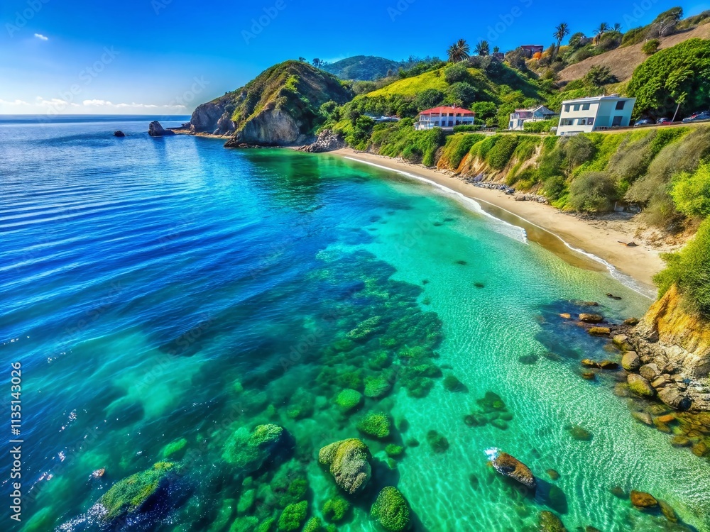 Fototapeta premium Serene Top-Down View of Crystal Clear Water at S Christian School Beach in Malibu with Lush Surroundings and Soft Bokeh Highlights for Tranquil Nature Scenes
