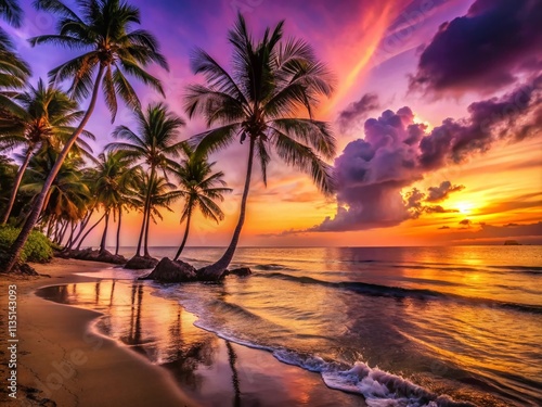 Serene Tropical Beach at Dusk with Silhouetted Palm Trees Against a Calm Ocean, Perfect for Relaxation and Vacation Imagery