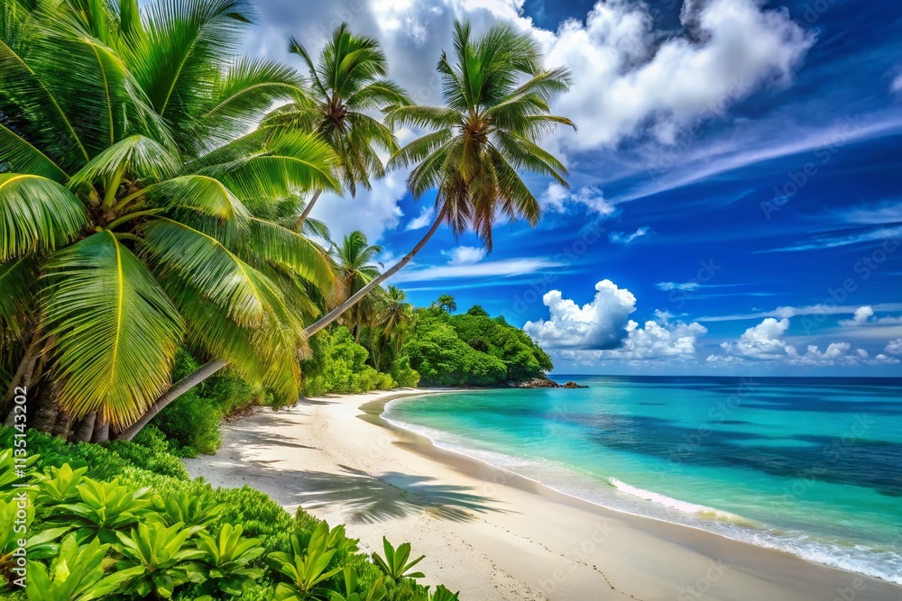Fototapeta premium Serene Tropical Beach View with Lush Greenery and Crystal Clear Blue Sea Under a Bright Sky Perfect for Travel and Nature Lovers Seeking Stunning Coastal Landscapes
