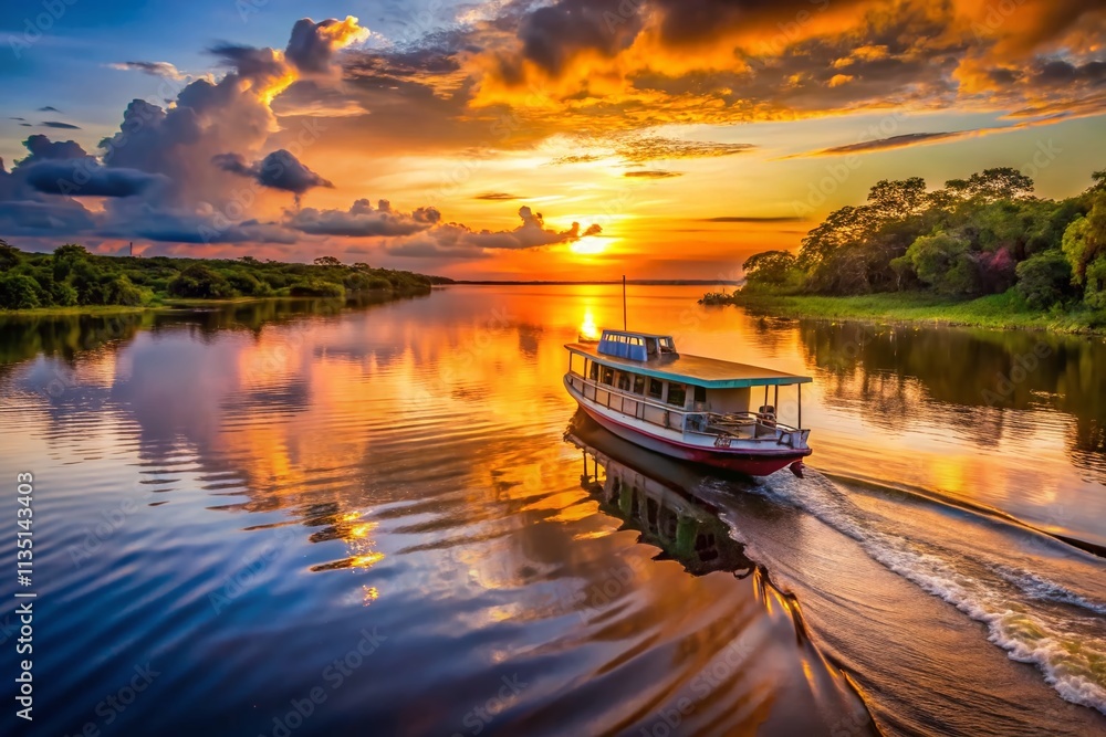 Fototapeta premium Serene Twilight on the Amazon River: A Traditional Boat Journey Between Santarm and Manaus, Brazil, Capturing the Enchanting Low Light and Reflective Waters of the Amazon Basin