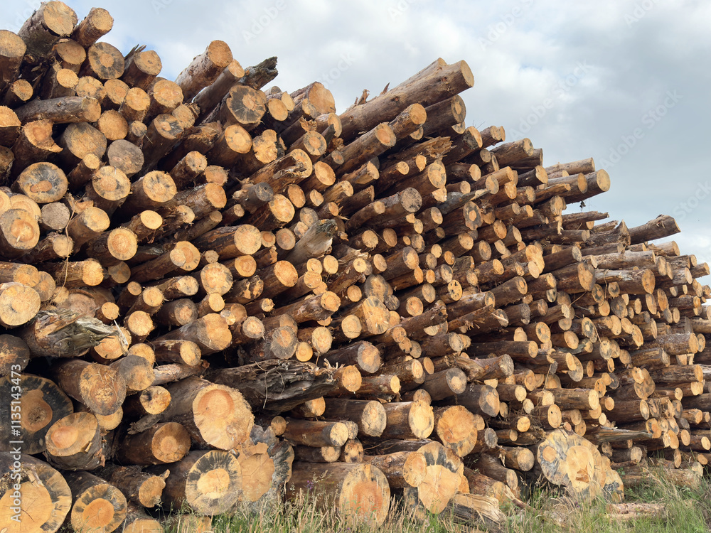 Chopped wood logs stacked high from low angle view Chopped wood logs stacked high from low angle view