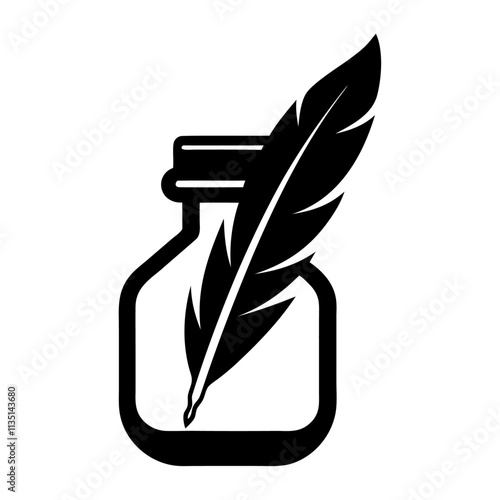 Black silhouette calligraphy feather in vial bottle vector icon design