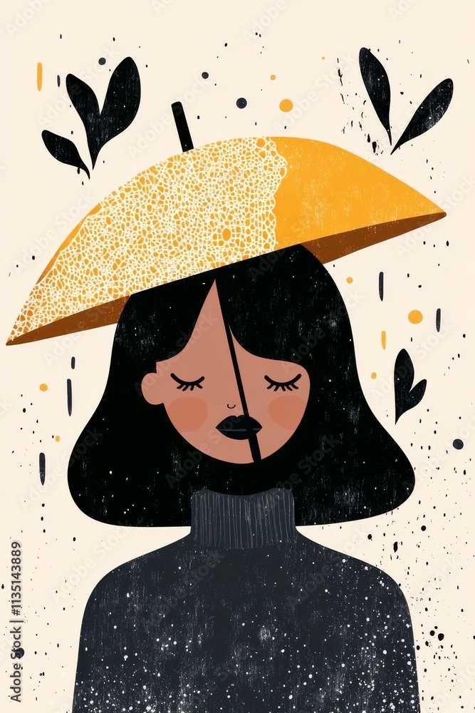 Fototapeta premium A whimsical illustration depicting a fashionable woman holding a lace parasol, surrounded by abstract floral patterns.