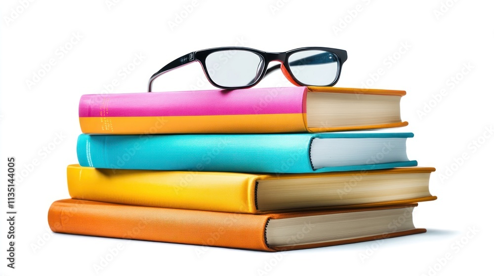 Stack of Colorful Books with Glasses on Top Stack of Colorful Books with Glasses on Top