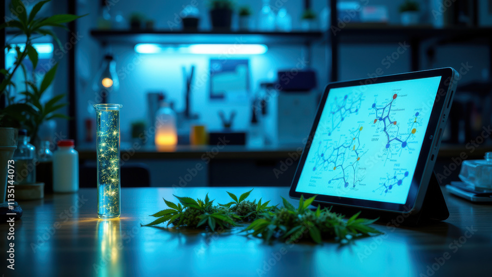 A tablet with a map of cannabis strains on screen, surrounded by lab equipment and samples. A tablet with a map of cannabis strains on screen, surrounded by lab equipment and samples.