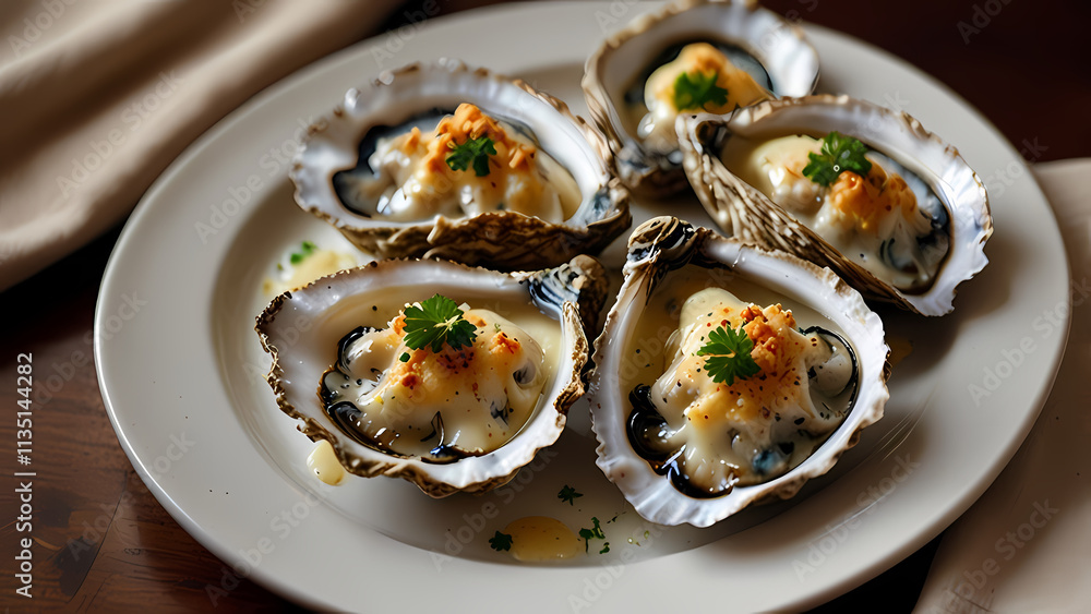 close-up image of a plate of Oyster Mornay close-up image of a plate of Oyster Mornay