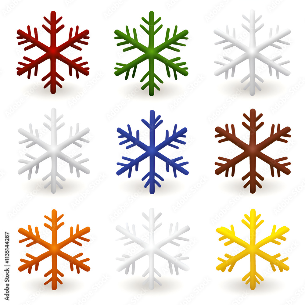 Fototapeta premium A colorful grid of nine unique snowflake designs in a simple, graphic style, perfect for winter-themed illustrations.