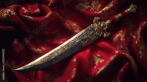 Ornate Indian sword with intricate engravings and golden accents, blade curved in a characteristic drooping shape

 photo