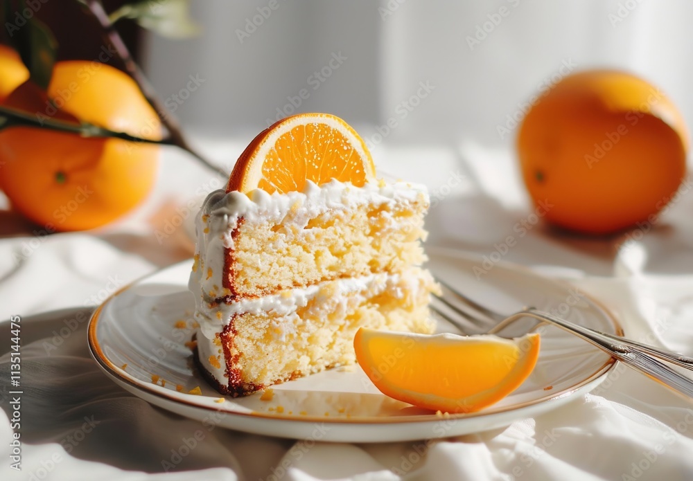 A slice of orange cake with white frosting, garnished with an orange wedge in the center and placed on top of a plate A slice of orange cake with white frosting, garnished with an orange wedge in the center and placed on top of a plate