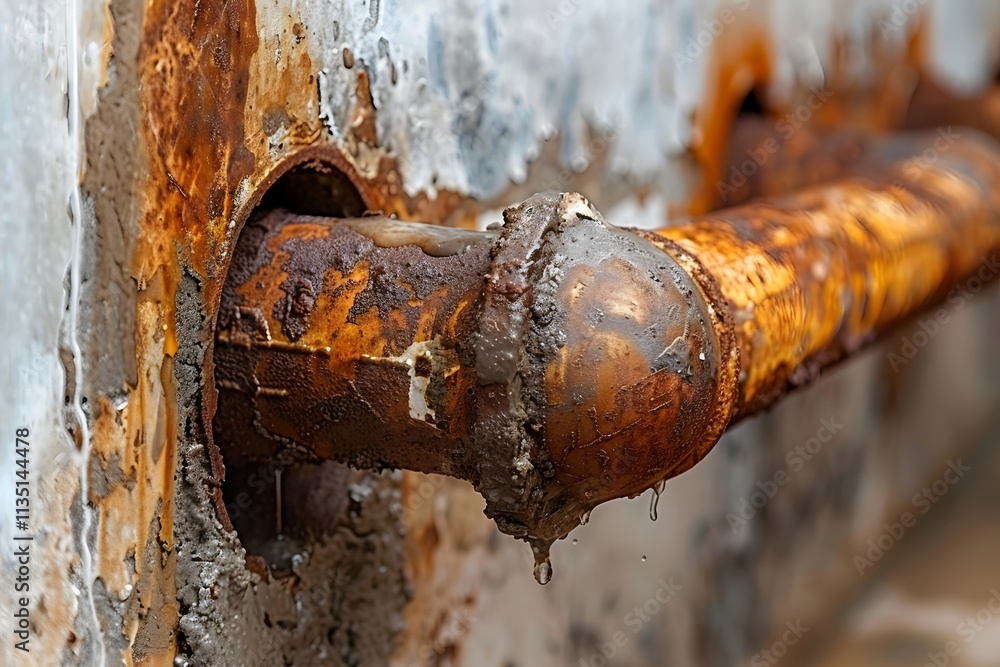 Rusty Pipe with Concrete and Water Dripping in an Industrial Setting Rusty Pipe with Concrete and Water Dripping in an Industrial Setting