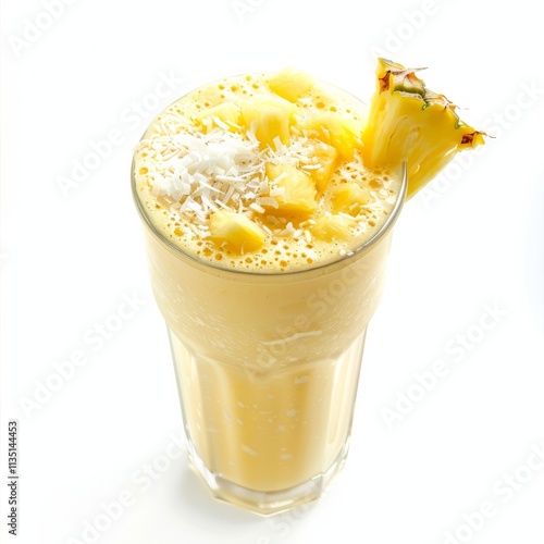 A vibrant pineapple coconut smoothie with pineapple chunks and coconut flakes, served in a clear glass, isolated white background photo