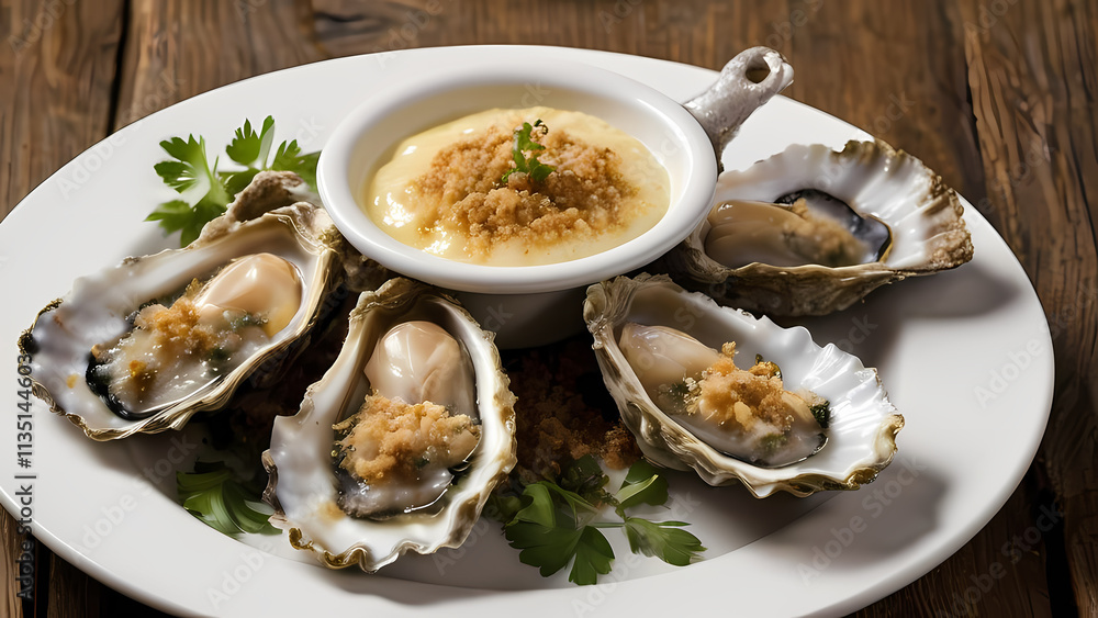 detailed close-up image of a plate of baked oysters detailed close-up image of a plate of baked oysters