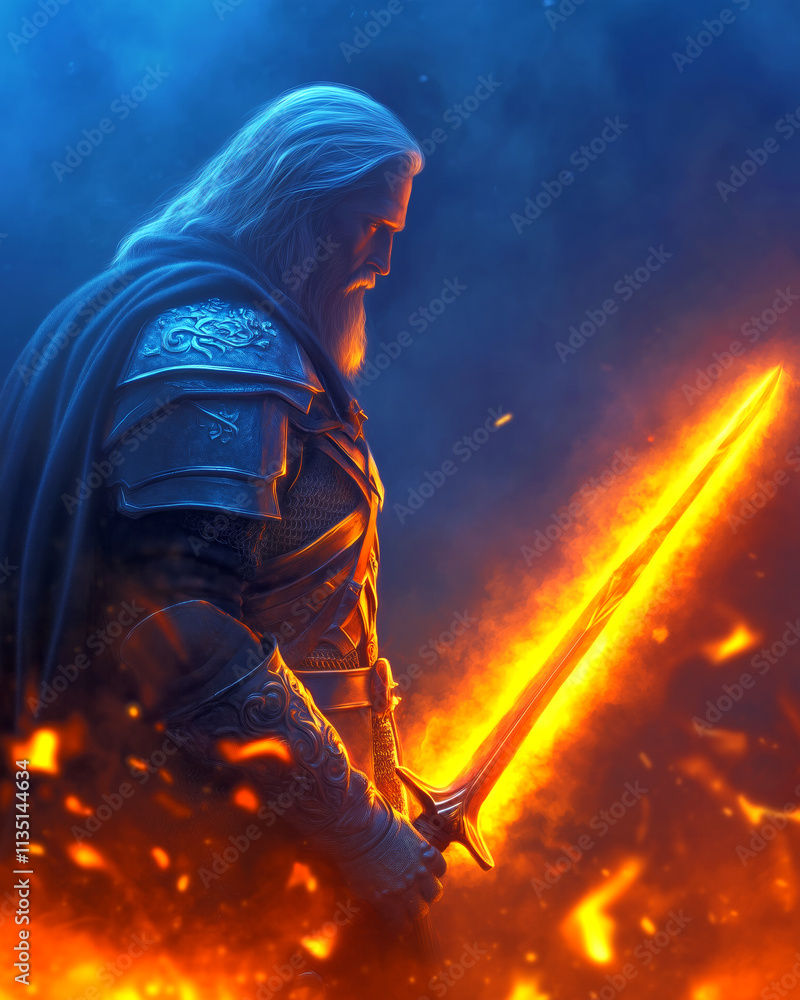 Fototapeta premium Warrior with glowing sword in a mystical fire setting