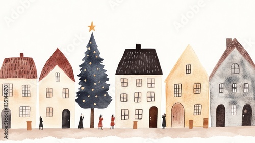 A whimsical watercolor illustration depicting a cozy village square with shops, decorations, and people gathering during the holidays.