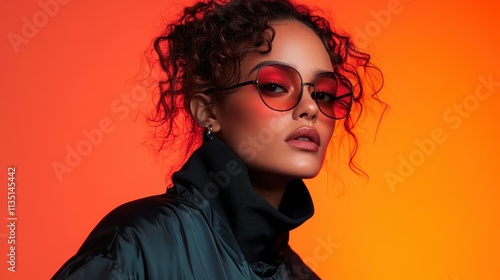 A stylish woman with curly hair poses confidently wearing red-tinted glasses and a dark jacket against an orange background, embodying modern chic and confidence.