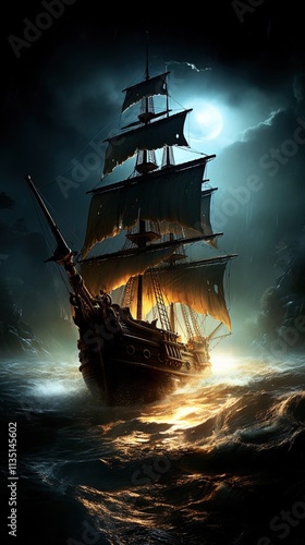 Wallpaper Mural A majestic, three-masted sailing ship navigates through a turbulent sea under a dramatic night sky. The ship is illuminated from within, casting a warm glow amidst the dark surroundings, while ominous Torontodigital.ca