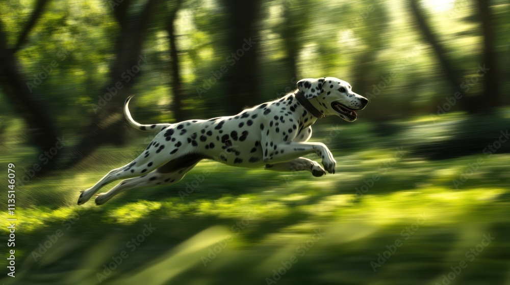 Energetic Dalmatian in motion under bright sunlight in park Energetic Dalmatian in motion under bright sunlight in park