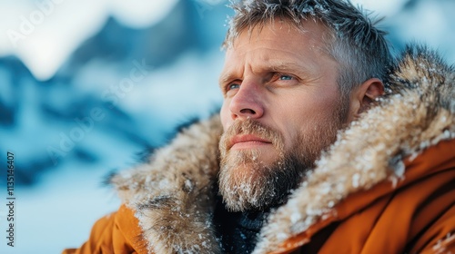 A pensive bearded man in a fur coat faces a snowy landscape, with icy breath visible, capturing the essence of winter resilience and deep thought under cold skies. photo