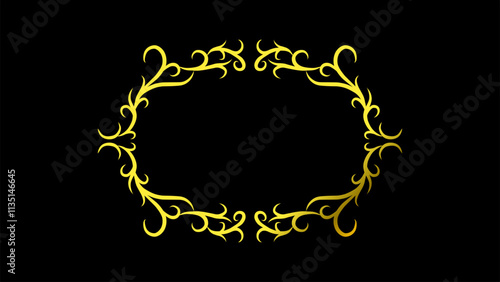 Gold frame with symmetrical plant carved pattern, hand drawn vector illustration isolated on black background