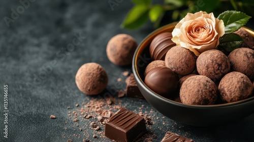 Decadent chocolate truffles resting elegantly in a bowl, each enrobed in a fine cocoa powder, accompanied by chunks of chocolate and a delicate rose decoration. photo