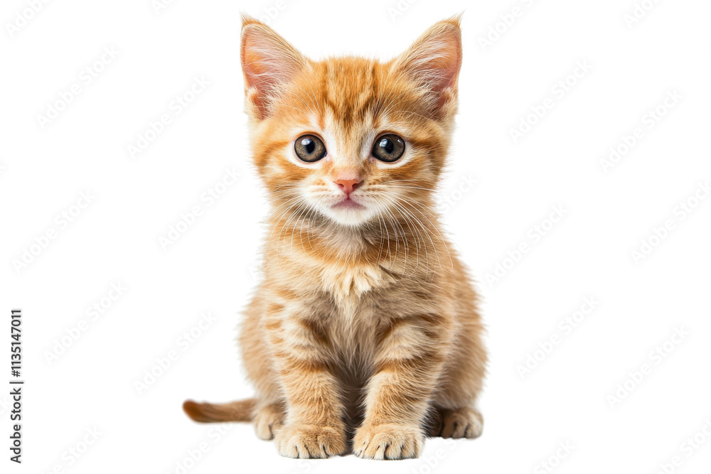 Fototapeta premium A cute ginger kitten with big eyes and a fluffy coat sits attentively, exuding charm and playful energy.