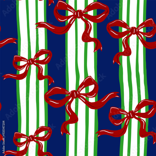 Abstract Hand Drawing Christmas New Year Concept Ribbons Coquettes with Vertical Stripes Lines Seamless Vector Gift Wrapping Paper Textile Upholstery Pattern Isolated Background