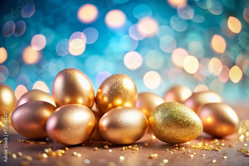 Shiny Golden Eggs on a Soft Pink and Blue Background with a Beautiful Bokeh Effect for a Festive and Elegant Atmosphere