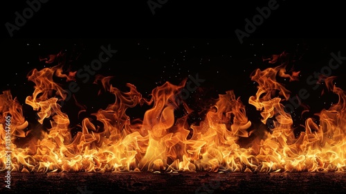 Intense Wall of Flames with Glowing Orange Fire Against a Black Background