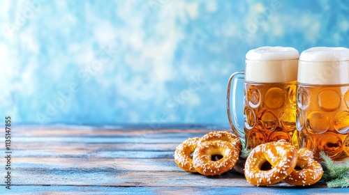 A cultural and festive scene for Oktoberfest with beer steins, pretzels, and festive decorations against a festive and cheerful background photo