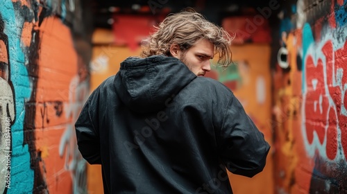 A man in a black hoodie stands with his back to the camera amidst urban graffiti walls, capturing the essence of street style and urban culture. photo