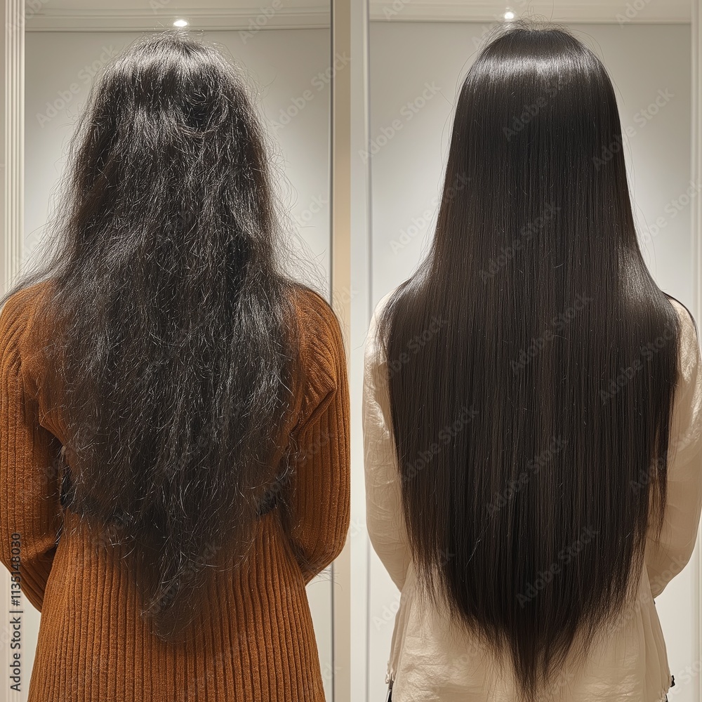 girl from the back, hair before and after straightening long dark hair girl from the back, hair before and after straightening long dark hair