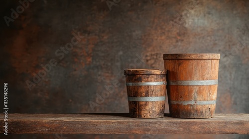 Two aged wooden barrels of different sizes are placed on a worn wooden table against a rustic, textured wall, creating a timeless, nostalgic atmosphere. photo