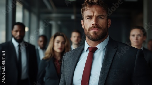 A determined leader in a red tie stands prominently, with a diverse team in an office setting. The image conveys unity, focus, and corporate ambition.