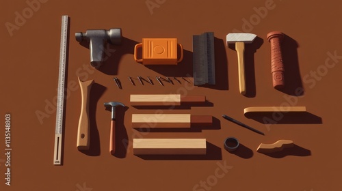 Wallpaper Mural Assorted woodworking tools and materials arranged on a brown surface. Torontodigital.ca
