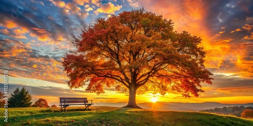 Silhouette of a Majestic Autumn Tree with a Wooden Bench Underneath, Capturing the Serenity of Fall Colors at Dusk, Perfect for Nature Lovers and Outdoor Enthusiasts