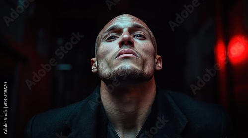 A man with a strong facial expression in a low light setting emphasizes his bold features, creating an atmosphere of strength and determination.