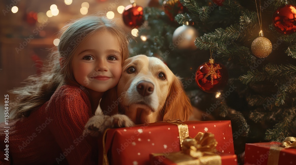 Little girl posing with her dog next to the Christmas tree full of presents on Christmas day Little girl posing with her dog next to the Christmas tree full of presents on Christmas day
