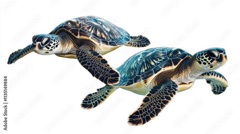 Fototapeta premium Two green sea turtles swimming gracefully in the ocean.