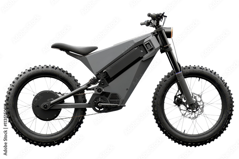 A sleek electric bike with rugged tires, designed for off-road performance, showcasing a modern and minimalist aesthetic. A sleek electric bike with rugged tires, designed for off-road performance, showcasing a modern and minimalist aesthetic.