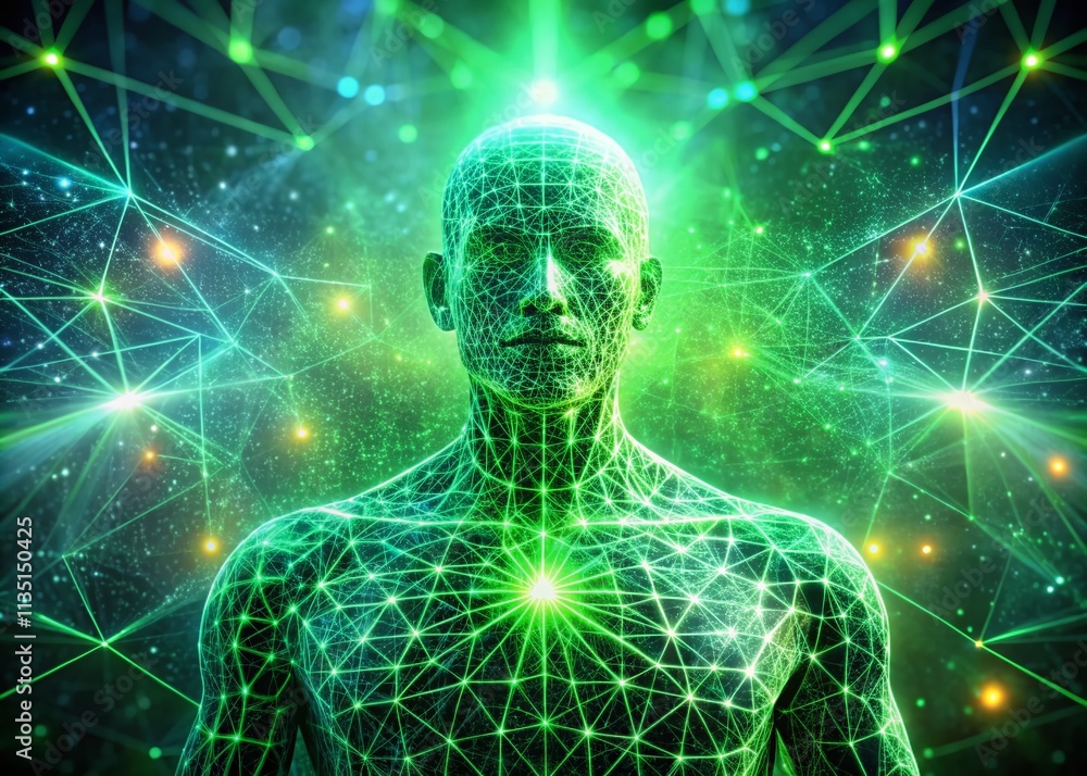 Silhouette of a Wireframe Human Figure in a Lush Green Digital Space, Embodying Technology and Nature Fusion with Abstract Patterns and Light Effects Silhouette of a Wireframe Human Figure in a Lush Green Digital Space, Embodying Technology and Nature Fusion with Abstract Patterns and Light Effects