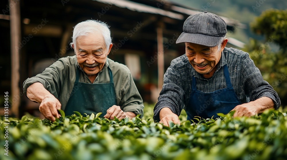 Two happy senior farmers harvesting tea leaves. Two happy senior farmers harvesting tea leaves.