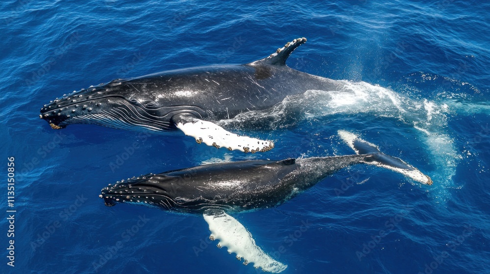 Naklejka premium Two humpback whales swimming gracefully in the ocean.