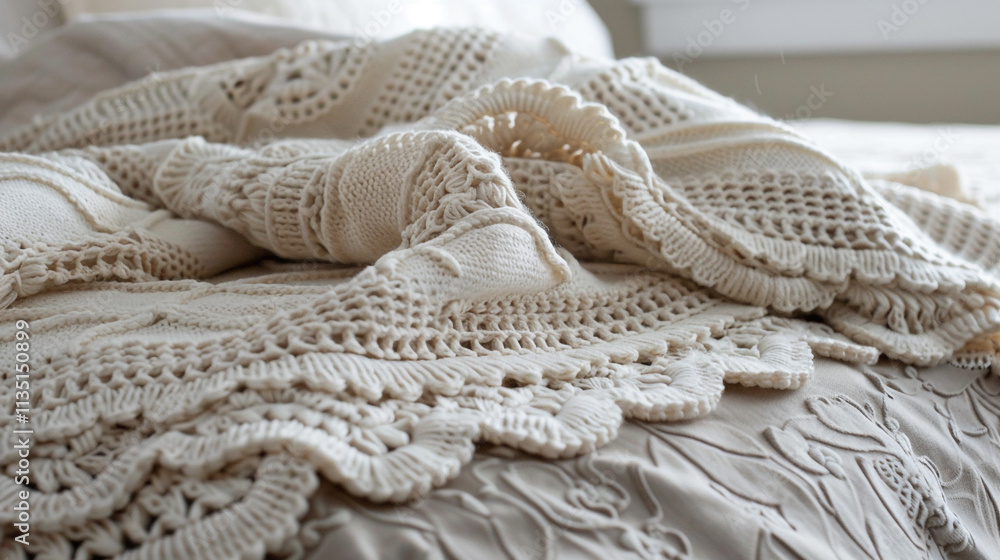 A soft beige crochet blanket with an ornate scalloped border and detailed shell stitch patterns, evoking a timeless vintage aesthetic. A soft beige crochet blanket with an ornate scalloped border and detailed shell stitch patterns, evoking a timeless vintage aesthetic.