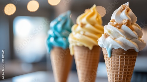 A close-up of three vibrant ice cream cones with soft serve swirls in blue, yellow, and white, capturing the lively colors against a blurred background for emphasis. photo